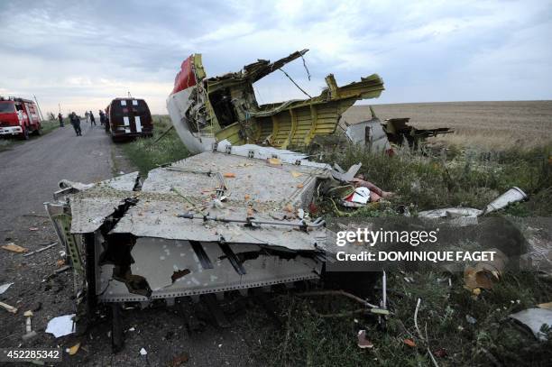 Picture taken on July 17, 2014 shows the wreckages of the malaysian airliner carrying 295 people from Amsterdam to Kuala Lumpur after it crashed,...