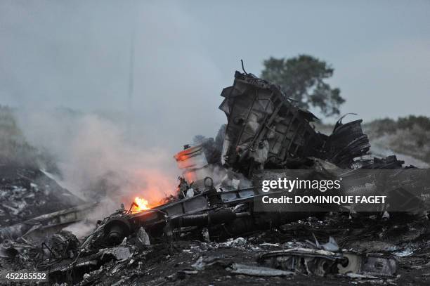 Picture taken on July 17, 2014 shows flames amongst the wreckages of the malaysian airliner carrying 295 people from Amsterdam to Kuala Lumpur after...