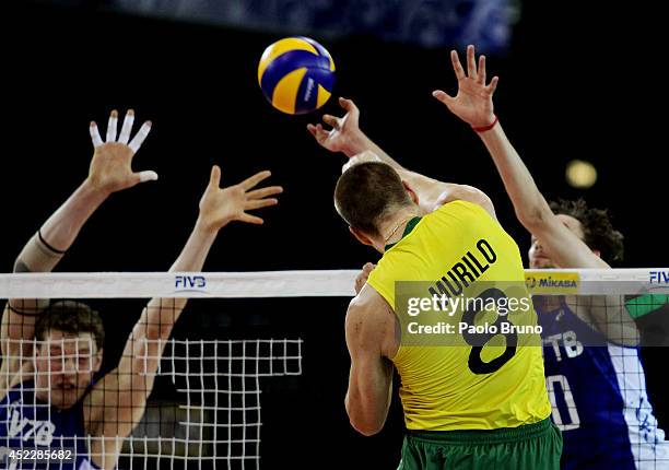 Endres Murilo of Brazil spikes the ball during the FIVB World League Final Six match between Russia and Brazil at Mandela Forum on July 17, 2014 in...