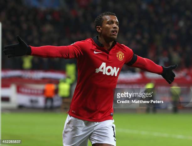 Nani of Manchester United celebrates scoring their fifth goal during the UEFA Champions League Group A match between Bayer Leverkusen and Manchester...