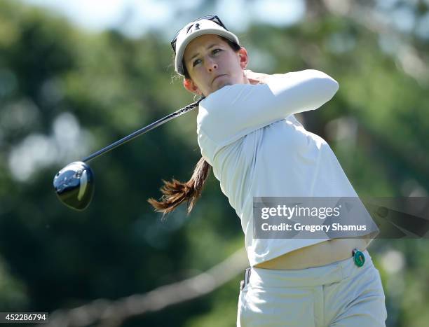 Emma Jandel watches her tee shot on the 15th hole during the first round of the Marathon Classic presented by Owens Corning and O-I at Highland...