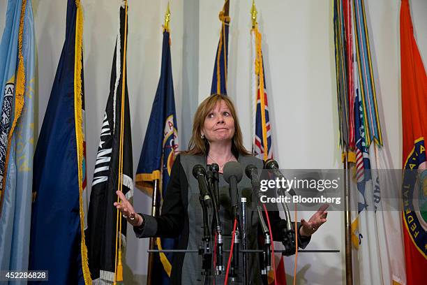 Mary Barra, chief executive officer of General Motors Co. , speaks to the media following a Senate Consumer Protection, Product Safety, and Insurance...