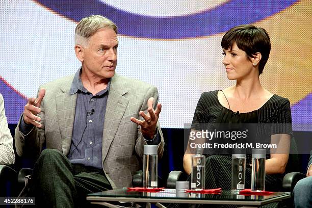 Actor/producer Mark Harmon and actress Zoe McLellan speak onstage at the "NCIS: New Orleans" panel during the CBS Network portion of the 2014 Summer...