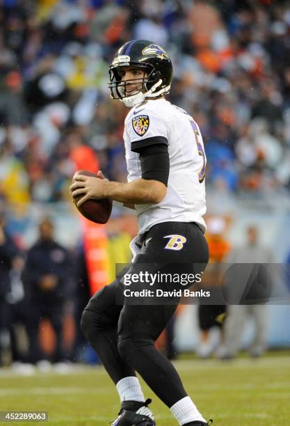 Joe Flacco of the Baltimore Ravens palys against the Chicago Bears on November 17, 2013 at Soldier Field in Chicago, Illinois.