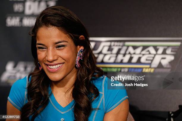 The Ultimate Fighter women's bantamweight finalist Julianna Pena interacts with media during media day ahead of The Ultimate Fighter season 18 live...