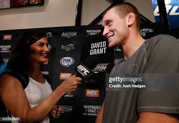 The Ultimate Fighter bantamweight finalist David Grant is interviewed during media day ahead of The Ultimate Fighter season 18 live finale inside the...