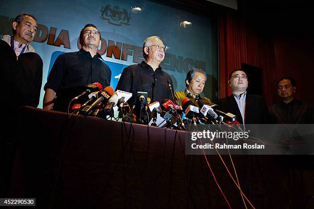 Malaysian Prime Minister Najib Razak delivers an official statement regarding the ill fated flight MH17 during a press conference on July 18, 2014 in...