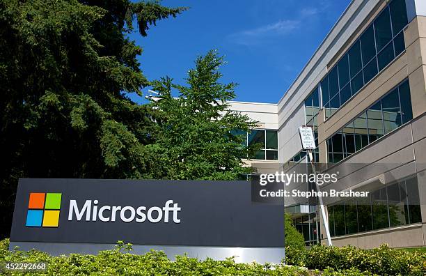 Building on the Microsoft Headquarters campus is pictured July 17, 2014 in Redmond, Washington. Microsoft CEO Satya Nadella announced, July 17, that...