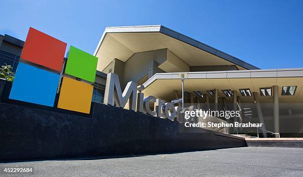 The Visitor's Center at Microsoft Headquarters campus is pictured July 17, 2014 in Redmond, Washington. Microsoft CEO Satya Nadella announced, July...