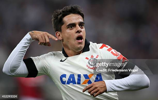 Fagner of Corinthians celebrates scoring the second goal during the match between Corinthians and Internacional for the Brazilian Series A 2014 at...