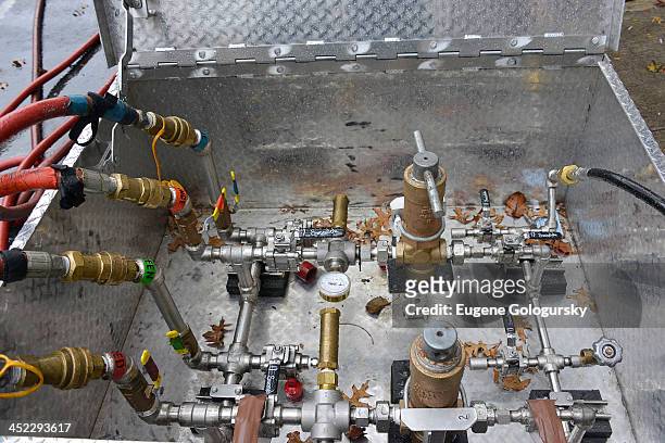 Helium pipes and valves for Macy's baloons during Inflation Eve for the 87th annual Macy's Thanksgiving Day parade on November 27, 2013 in New York...