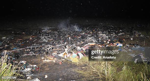 Picture taken on July 17, 2014 shows the wreckages of a Malaysia Airlines Boeing 777 carrying 295 people from Amsterdam to Kuala Lumpur after it was...