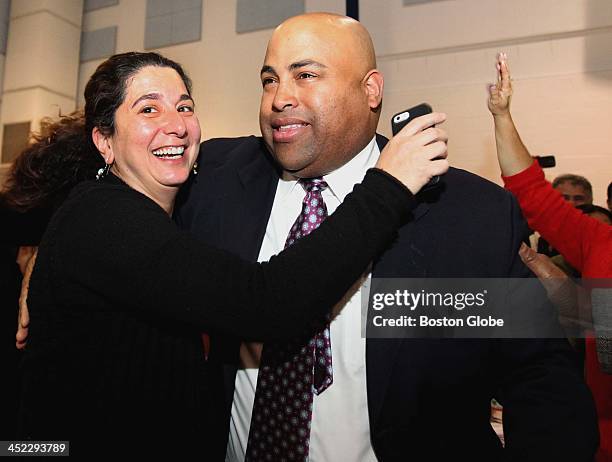 Supporters celebrated as City Councilor Daniel Rivera won by 81 votes during a manual recount of Lawrence's mayoral race at the South Lawrence East...