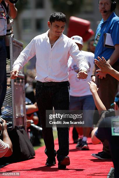 Marcos Maidana arrives to a news conference at Pershing Square in Downtown Los Angeles on July 17, 2014 in Los Angeles, California.