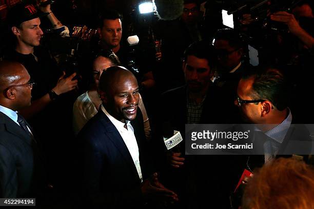 Floyd Mayweather Jr. Speaks to the press during a news conference at the Biltmore Hotel in Downtown Los Angeles on July 17, 2014 in Los Angeles,...