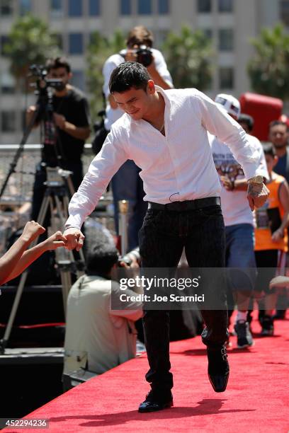 Marcos Maidana arrives to a news conference at Pershing Square in Downtown Los Angeles on July 17, 2014 in Los Angeles, California.