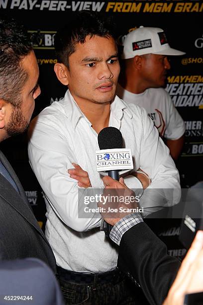 Marcos Maidana speaks to the press during a news conference at the Biltmore Hotel in Downtown Los Angeles on July 17, 2014 in Los Angeles, California.