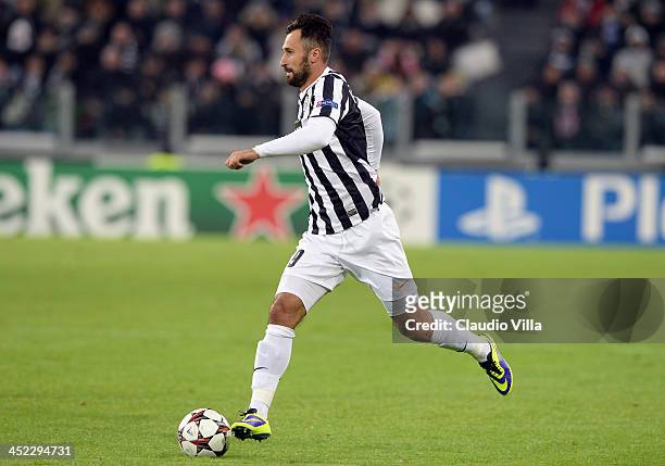 Mirko Vucinic of Juventus in action during the UEFA Champions League Group B match between Juventus and FC Copenhagen at Juventus Arena on November...
