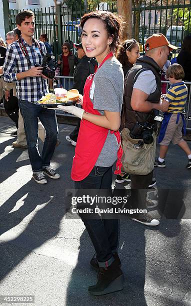 Actress Savannah Jayde attends the LA Mission's Annual Thanksgiving for the Homeless at the Los Angeles Mission on November 27, 2013 in Los Angeles,...