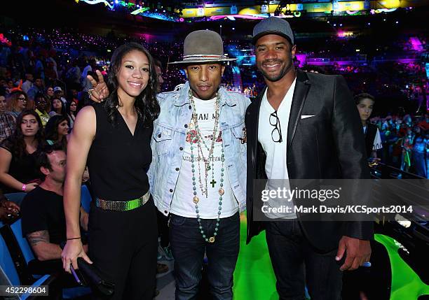 Anna Wilson, recording artist Pharrell Williams and NFL player Russell Wilson attend Nickelodeon Kids' Choice Sports Awards 2014 at UCLA's Pauley...