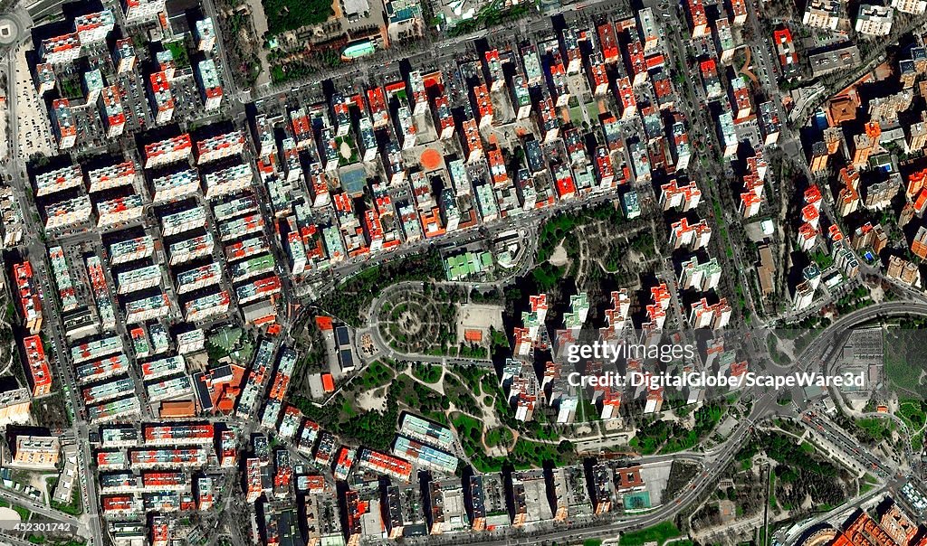 DigitalGlobe satellite imagery of some unusually colored buildings in Madrid, Spain.