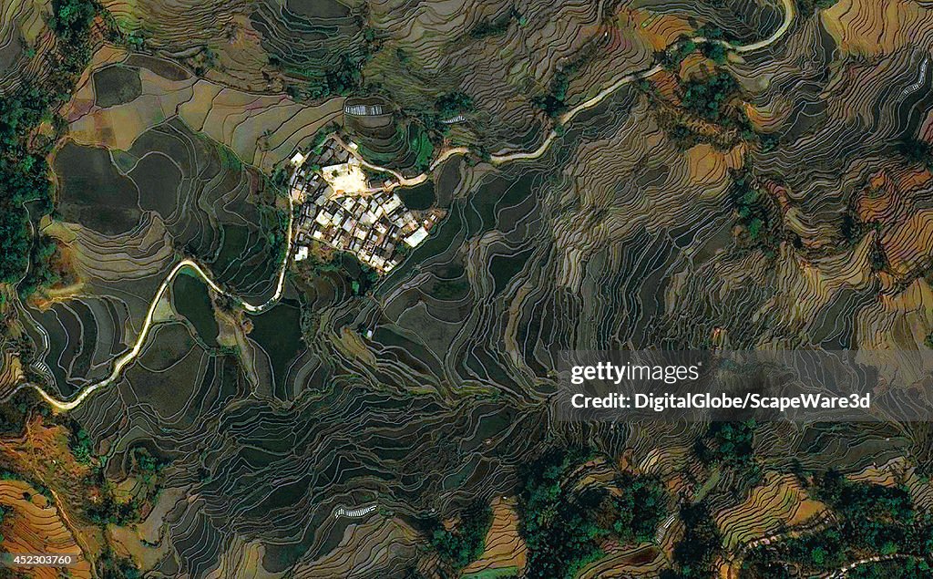 This is DigitalGlobe satellite imagery of Terraced Rice Paddies, Yuanyang County, Yunnan, China.