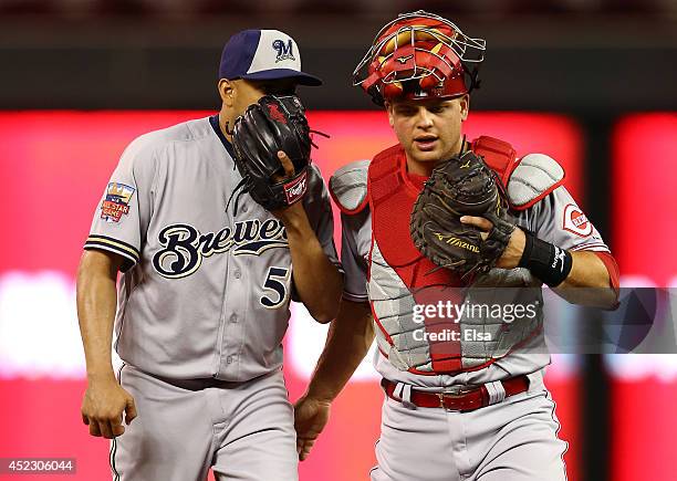 National League All-Star Francisco Rodriguez of the Milwaukee Brewers speaks with Devin Mesoraco of the Cincinnati Reds during the 85th MLB All-Star...