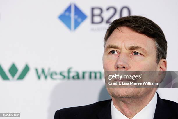 David Thodey, CEO Telstra Corporation Ltd announces final recommendations for G20 leaders during the B20 Summit on July 18, 2014 in Sydney,...