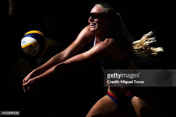 Kathryn Plummer of the U.S. Receives the ball during a main draw match of the FIVB Under 17 World Championship Acapulco 2014 on July 17, 2014 in...