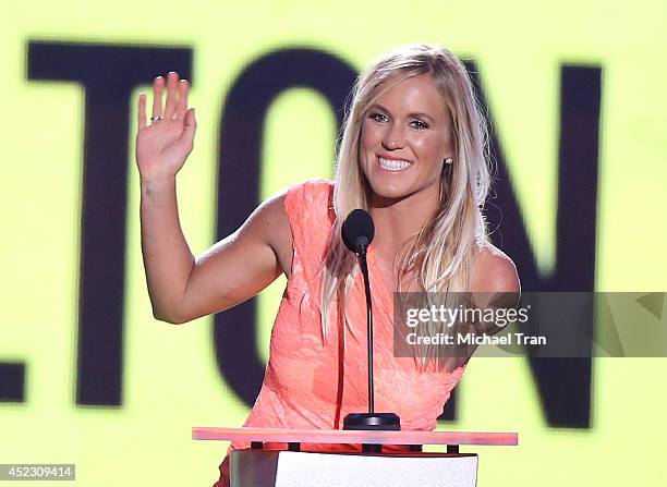 Bethany Hamilton speaks onstage during the Nickelodeon Kids' Choice Sports Awards 2014 held at Pauley Pavilion on July 17, 2014 in Los Angeles,...