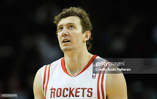 Omer Asik of the Houston Rockets walks up the court during the game against the Atlanta Hawks at Toyota Center on November 27, 2013 in Houston,...