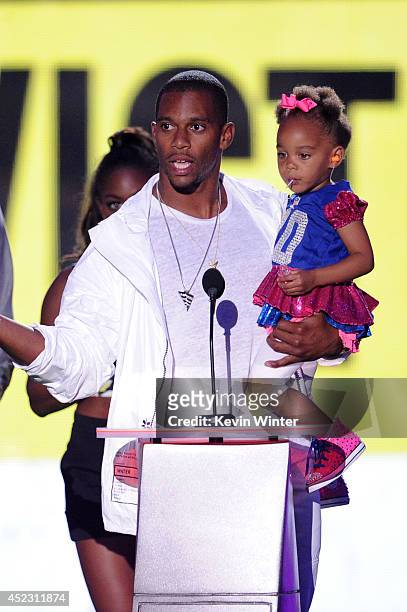Player Victor Cruz with daughter Kennedy speaks onstage during Nickelodeon Kids' Choice Sports Awards 2014 at UCLA's Pauley Pavilion on July 17, 2014...