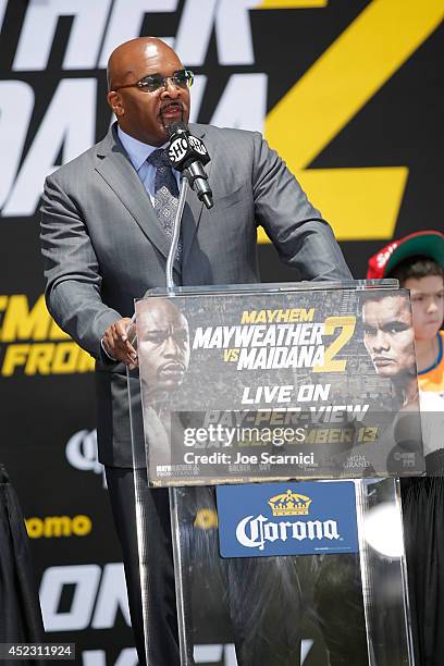 Leonard Ellerbe speaks on stage during a news conference at Pershing Square in Downtown Los Angeles on July 17, 2014 in Los Angeles, California.