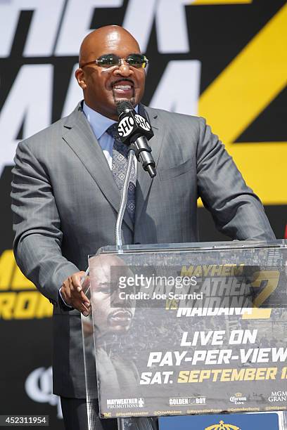 Leonard Ellerbe speaks on stage during a news conference at Pershing Square in Downtown Los Angeles on July 17, 2014 in Los Angeles, California.