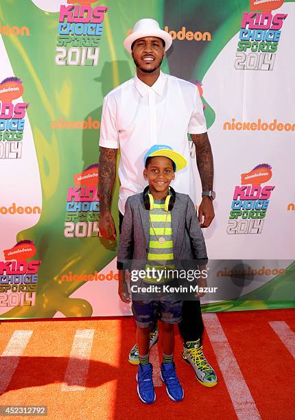 Player Carmelo Anthony with son Kiyan Anthony attends Nickelodeon Kids' Choice Sports Awards 2014 at UCLA's Pauley Pavilion on July 17, 2014 in Los...