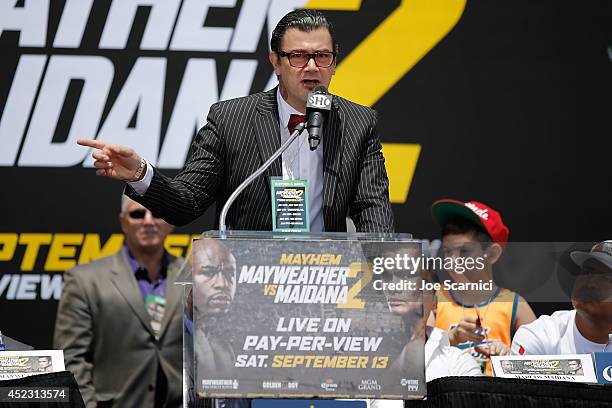 Sebastian Contursi speaks on stage during a news conference at Pershing Square in Downtown Los Angeles on July 17, 2014 in Los Angeles, California.