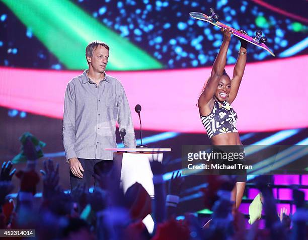 Tony Hawk and Sloane Stephens speak onstage during the Nickelodeon Kids' Choice Sports Awards 2014 held at Pauley Pavilion on July 17, 2014 in Los...