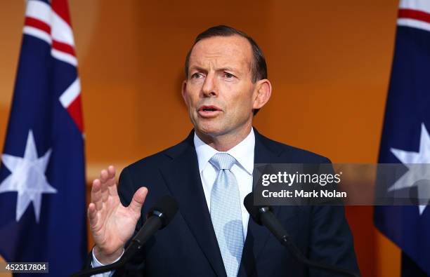 Australian Prime Minister Tony Abbott addresses the media during a press conference at Parliament House on July 18, 2014 in Canberra, Australia. 27...