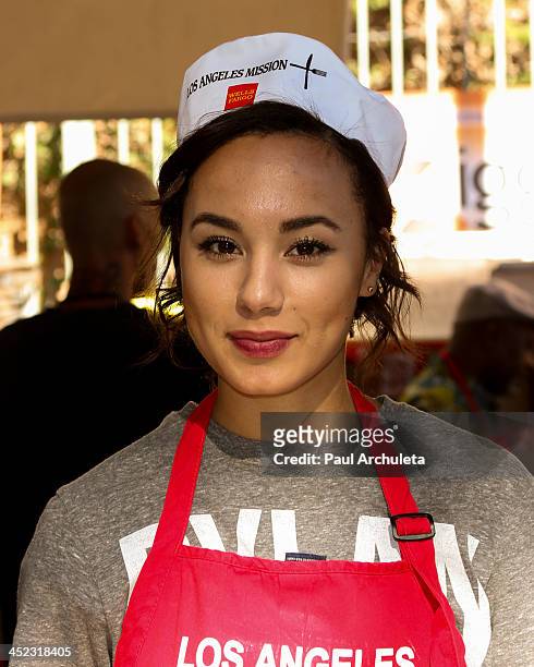 Actress Savannah Jayde attends the LA Mission's annual Thanksgiving for the homeless at the Los Angeles Mission on November 27, 2013 in Los Angeles,...