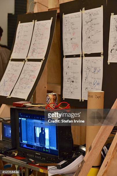 Remote monitor and storyboard on the Hong Kong film set of Rigor Mortis , a horror film about vampires. The film is Juno Mak's directorial debut and...