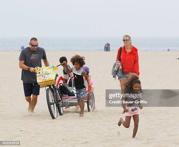 Heidi Klum and Martin Kirsten are seen taking her children, Leni Samuel, Lou Samuel, Johan Samuel and Henry Samuel to the beach on August 25, 2013 in...