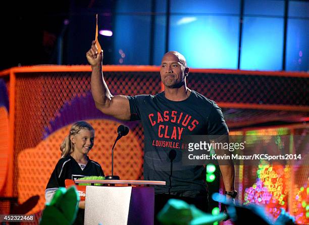Actor Dwayne Johnson attends Nickelodeon Kids' Choice Sports Awards 2014 at UCLA's Pauley Pavilion on July 17, 2014 in Los Angeles, California.