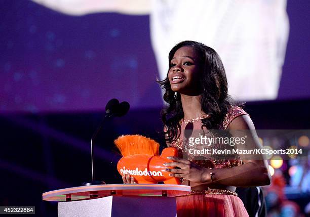 Gymnast Gabby Douglas accepts the Queen of Swag Award at the Nickelodeon Kids' Choice Sports Awards 2014 at UCLA's Pauley Pavilion on July 17, 2014...