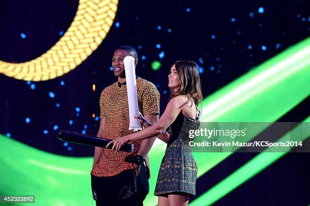 Player Russell Westbrook and actress Megan Fox speak onstage at the Nickelodeon Kids' Choice Sports Awards 2014 at UCLA's Pauley Pavilion on July 17,...