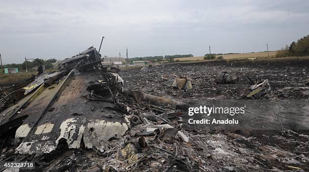 Part of plane is seen amongst the wreckages of a Malaysia Airlines Boeing 777 carrying 295 people from Amsterdam to Kuala Lumpur after it was downed...