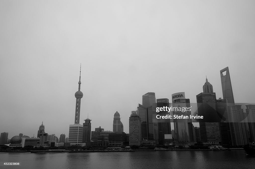 A black and white view of the Pudong financial district...