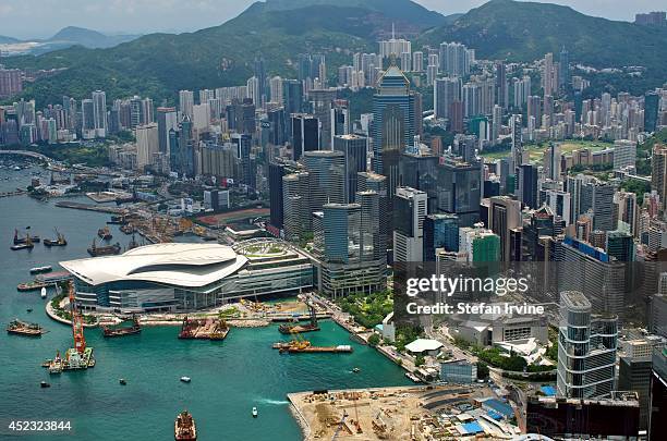 Aerial view towards Wanchai and Happy Valley from the rooftop of IFC 2, showing the Convention and Exhibition Centre.