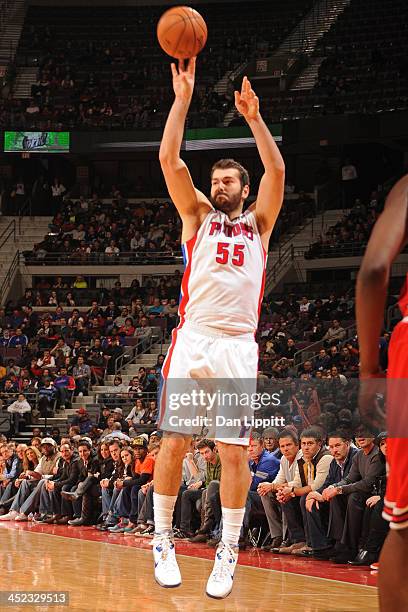 Josh Harrellson of the Detroit Piston shoots the ball against the Chicago Bulls on November 27, 2013 at The Palace of Auburn Hills in Auburn Hills,...