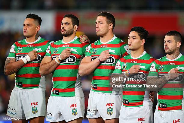 John Sutton, Greg Inglis, Sam Burgess, Issac Luke and Adam Reynolds of the Rabbitohs pay their respects for Alex McKinnon by wearing 'Rise For Alex'...