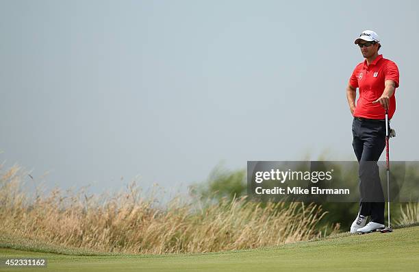 Adam Scott of Australia waits on the 14th green during the second round of The 143rd Open Championship at Royal Liverpool on July 18, 2014 in...